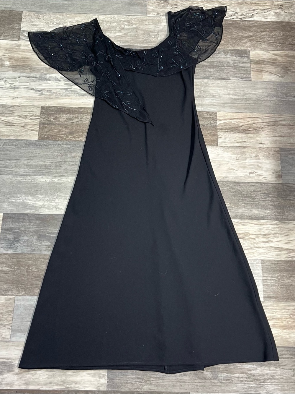S.L. Fashions vintage black sheer beaded maxi off the shoulder gown